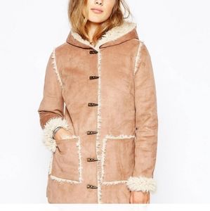 Faux suede and shearling toggle button coat
